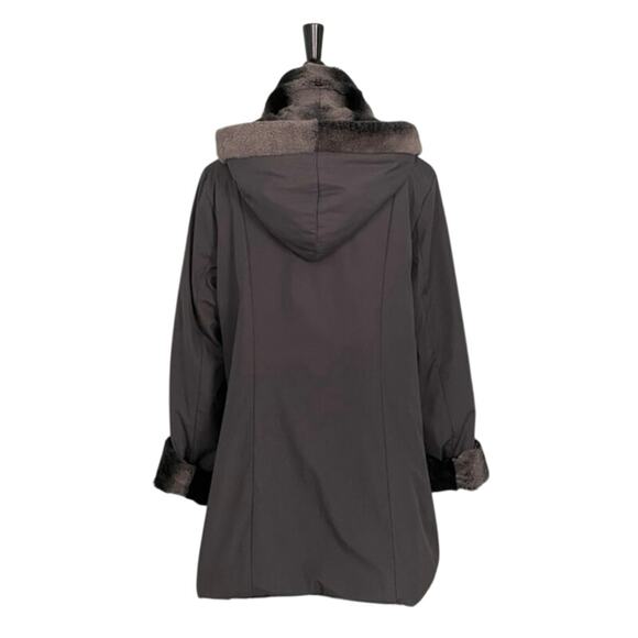 Dennis by Dennis Basso Reversible Faux Fur Hooded Coat Gray Black Large - Picture 3 of 11
